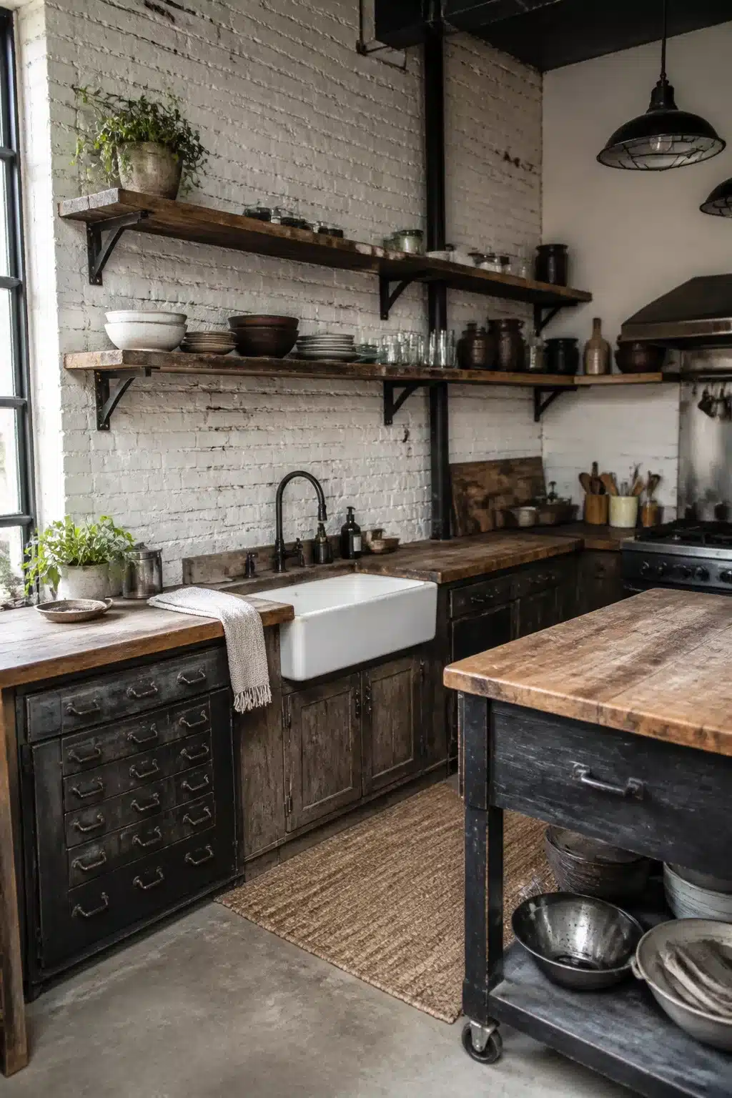 Vintage industrial kitchen with whitewashed brick, butcher block island on casters, and apron sink
