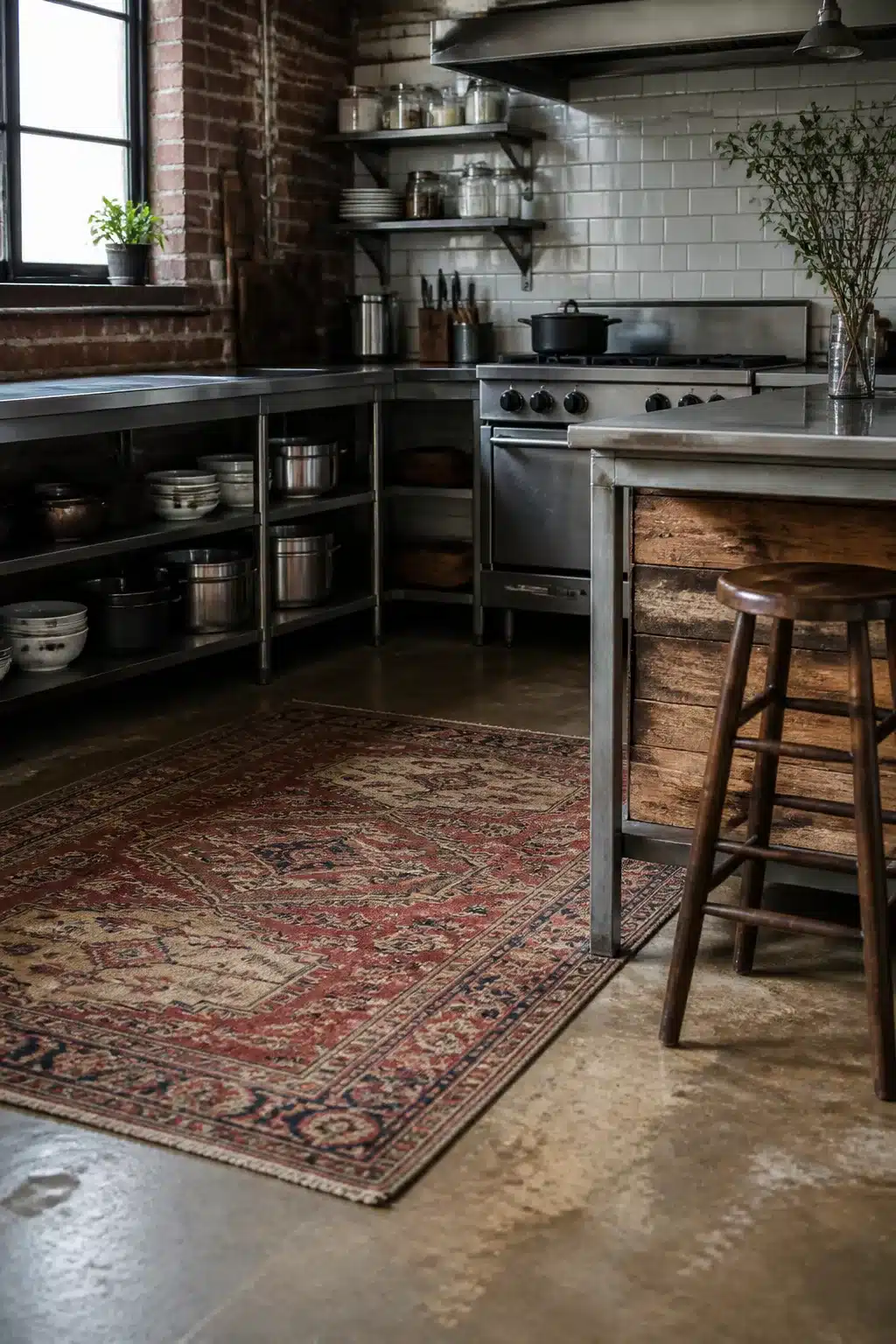Vintage industrial kitchen with Persian rug, stainless steel open shelving, concrete floors, and gas range