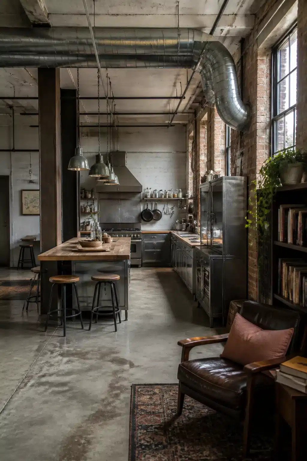 Vintage industrial kitchen with exposed silver ductwork, polished concrete floors, and gunmetal cabinetry in a converted warehouse.