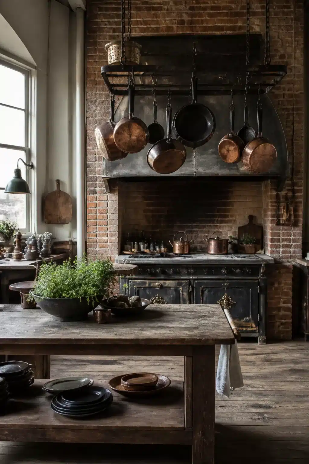 Copper pots on iron rack over brick range hood in a vintage industrial kitchen with wood worktable