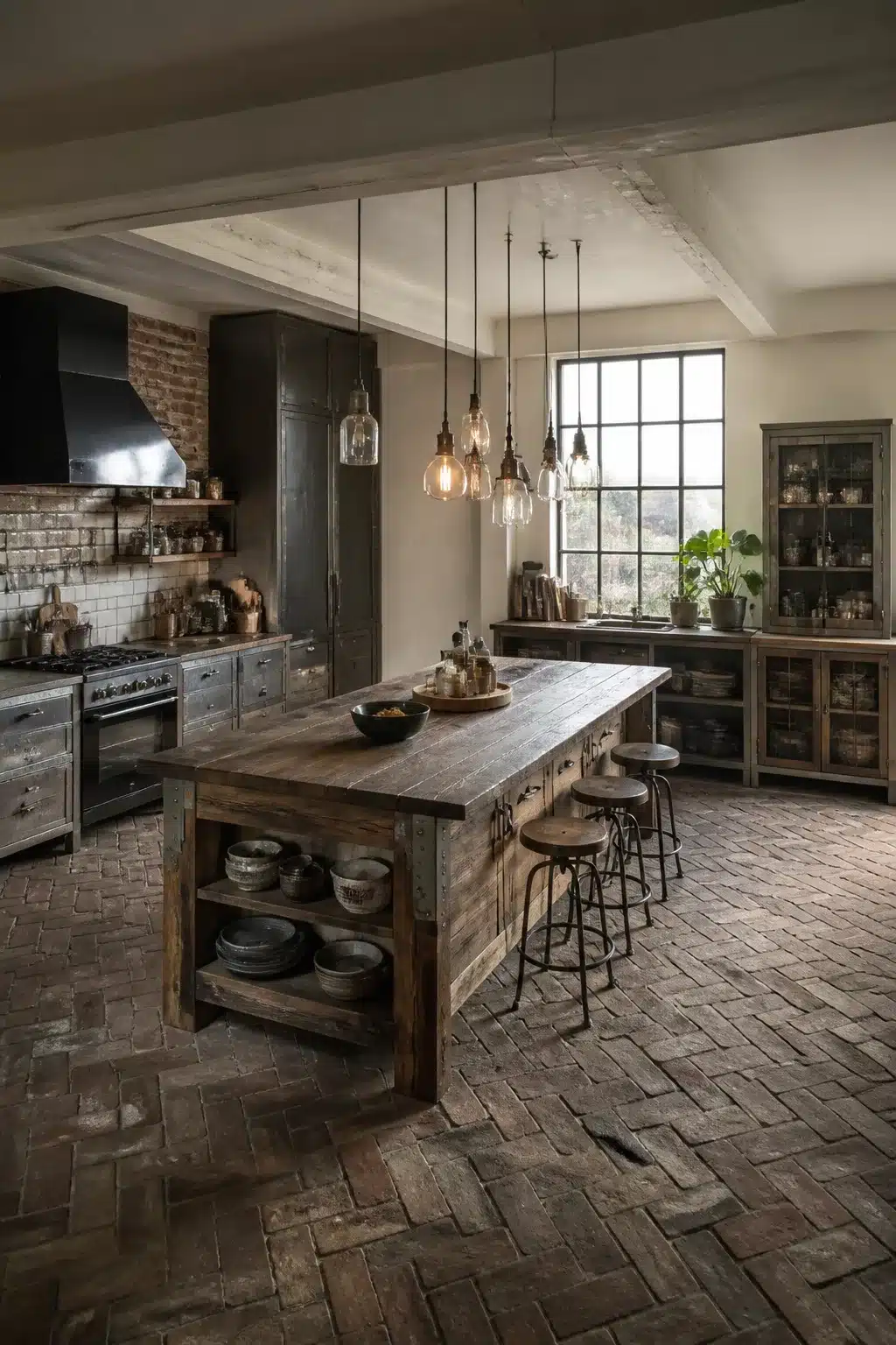 Vintage industrial kitchen with herringbone brick floor, reclaimed timber island, and mixed glass pendant cluster