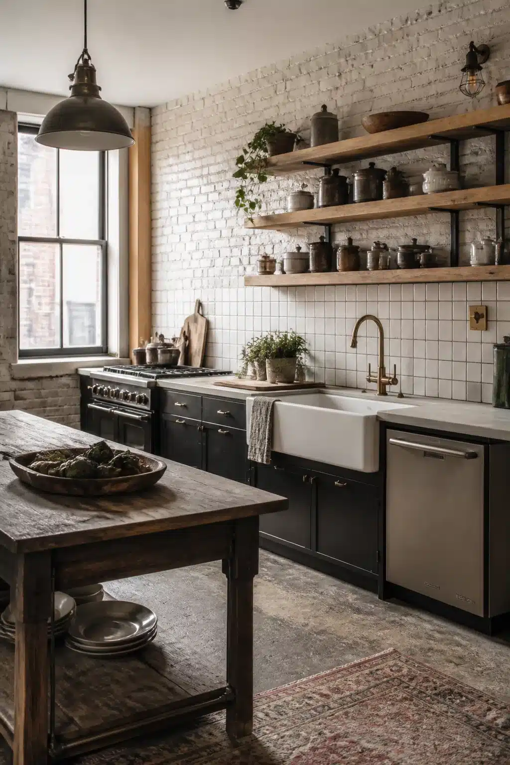 Vintage industrial kitchen with farmhouse sink, aged brass faucet, dark cabinets, and white square tile backsplash