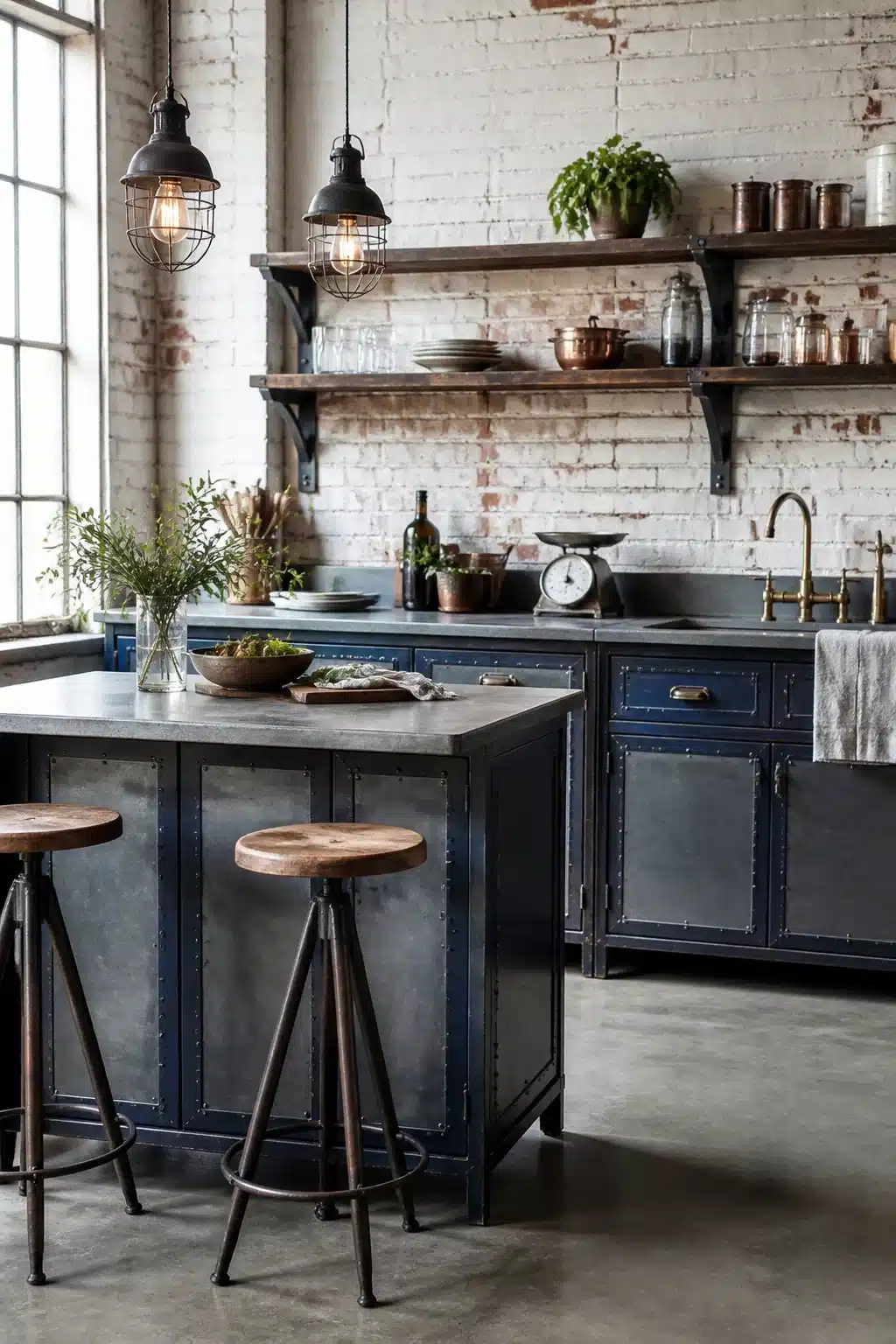 Navy blue riveted steel cabinetry with concrete worktop in a vintage industrial kitchen with whitewashed brick walls
