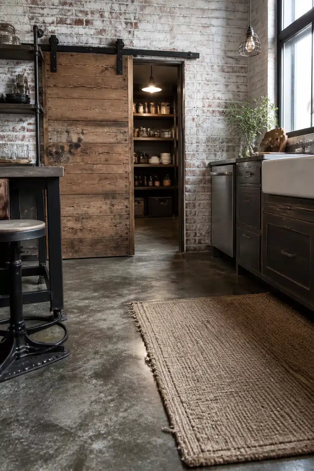 Vintage industrial kitchen with reclaimed sliding barn door, polished concrete floors, and dark cabinets