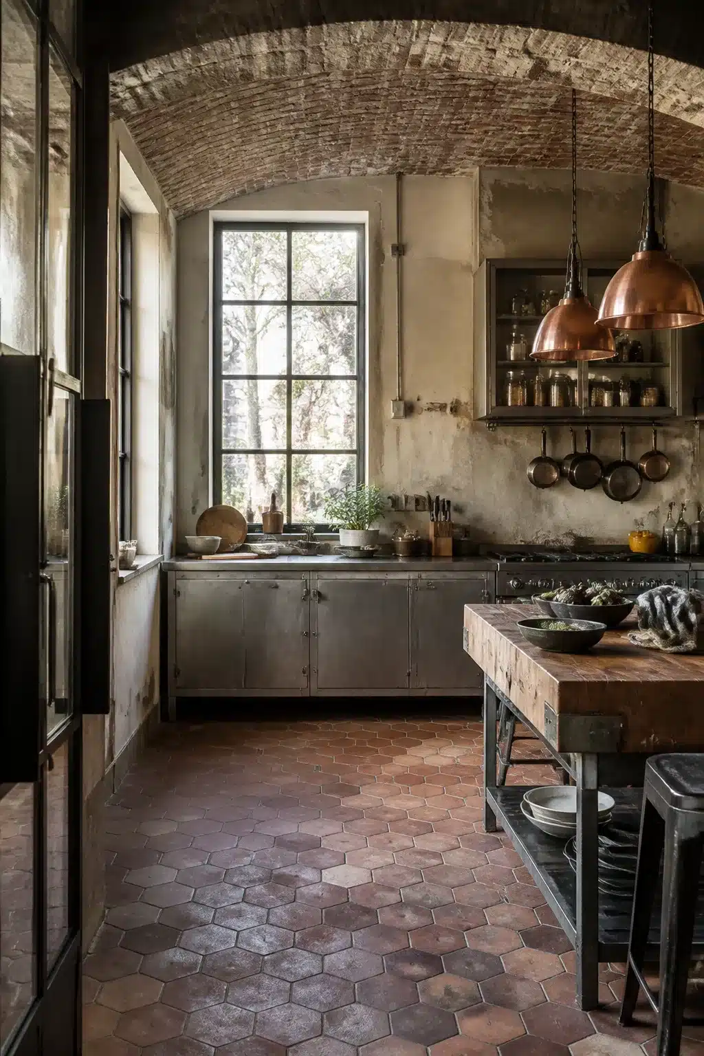 Vintage industrial kitchen with terracotta hex floor tiles, raw steel cabinets, copper pendants, and brick barrel vault ceiling.