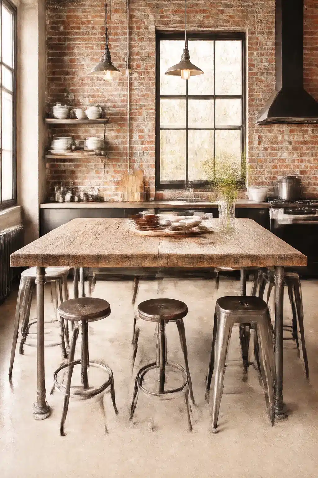 Reclaimed wood island with metal stools in a vintage industrial kitchen with brick walls and pendant lights