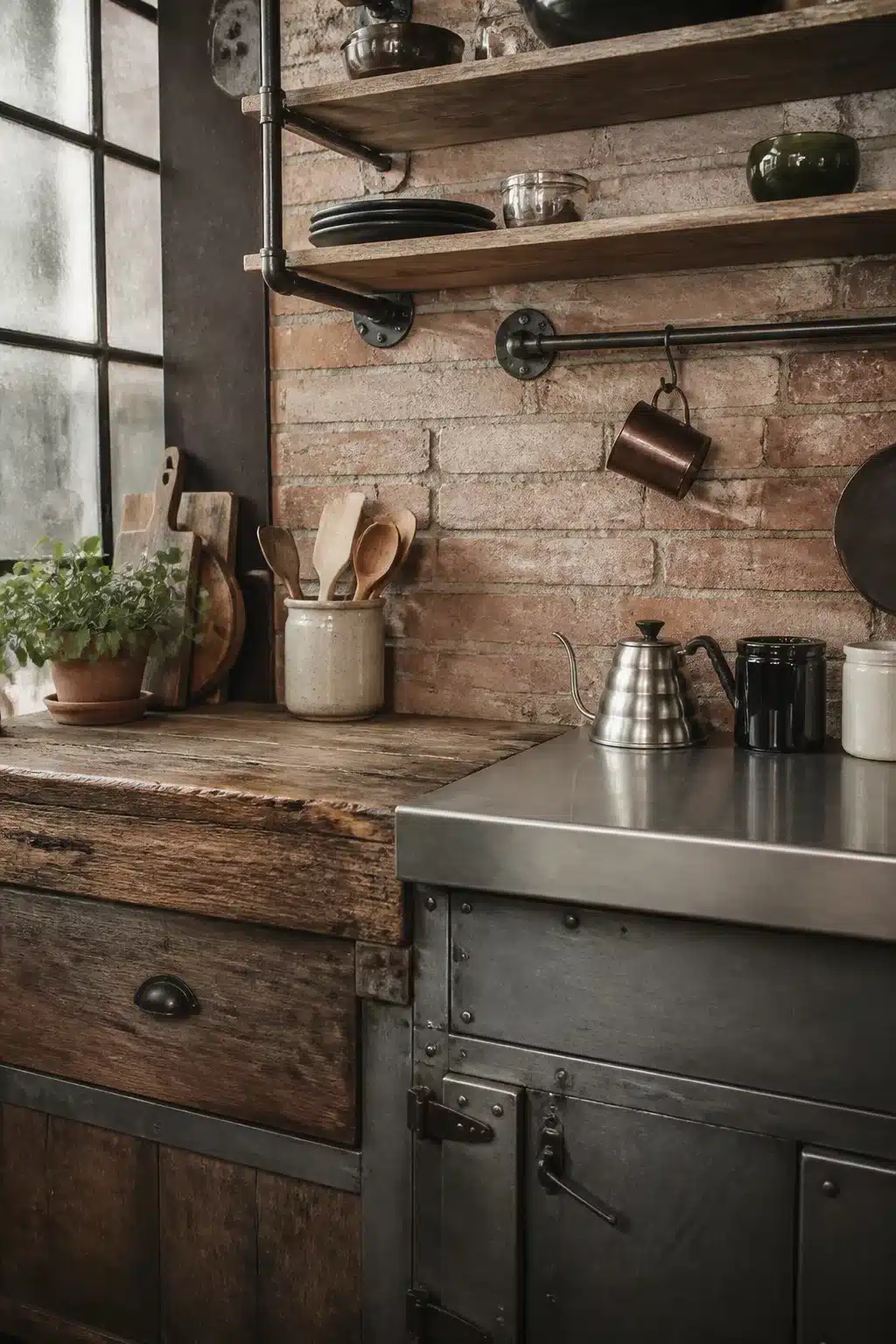 Vintage industrial kitchen with reclaimed timber cabinets, riveted steel countertop, pipe shelving and exposed brick wall