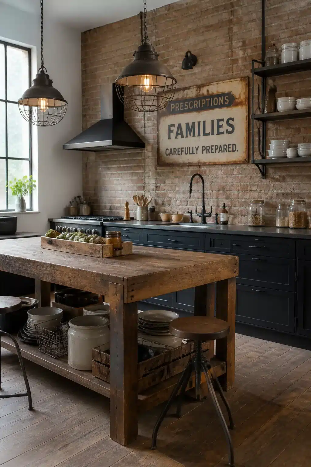 Vintage industrial kitchen with wire-cage pendant lights, apothecary sign, brick wall, and reclaimed wood island.