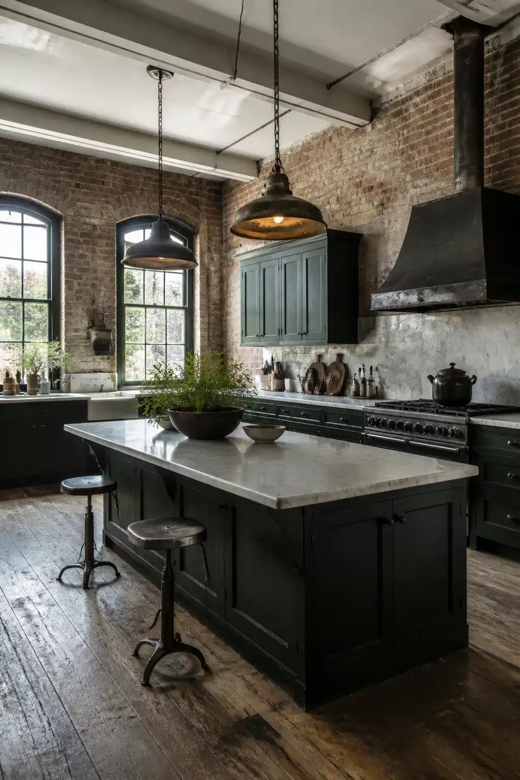 Vintage industrial kitchen with dark green-black cabinetry, reclaimed marble island, exposed brick, and factory pendant lights