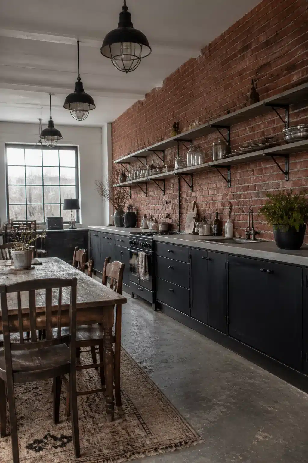 Vintage industrial kitchen with matte black cabinets, exposed brick wall, cage pendant lights, and concrete floors