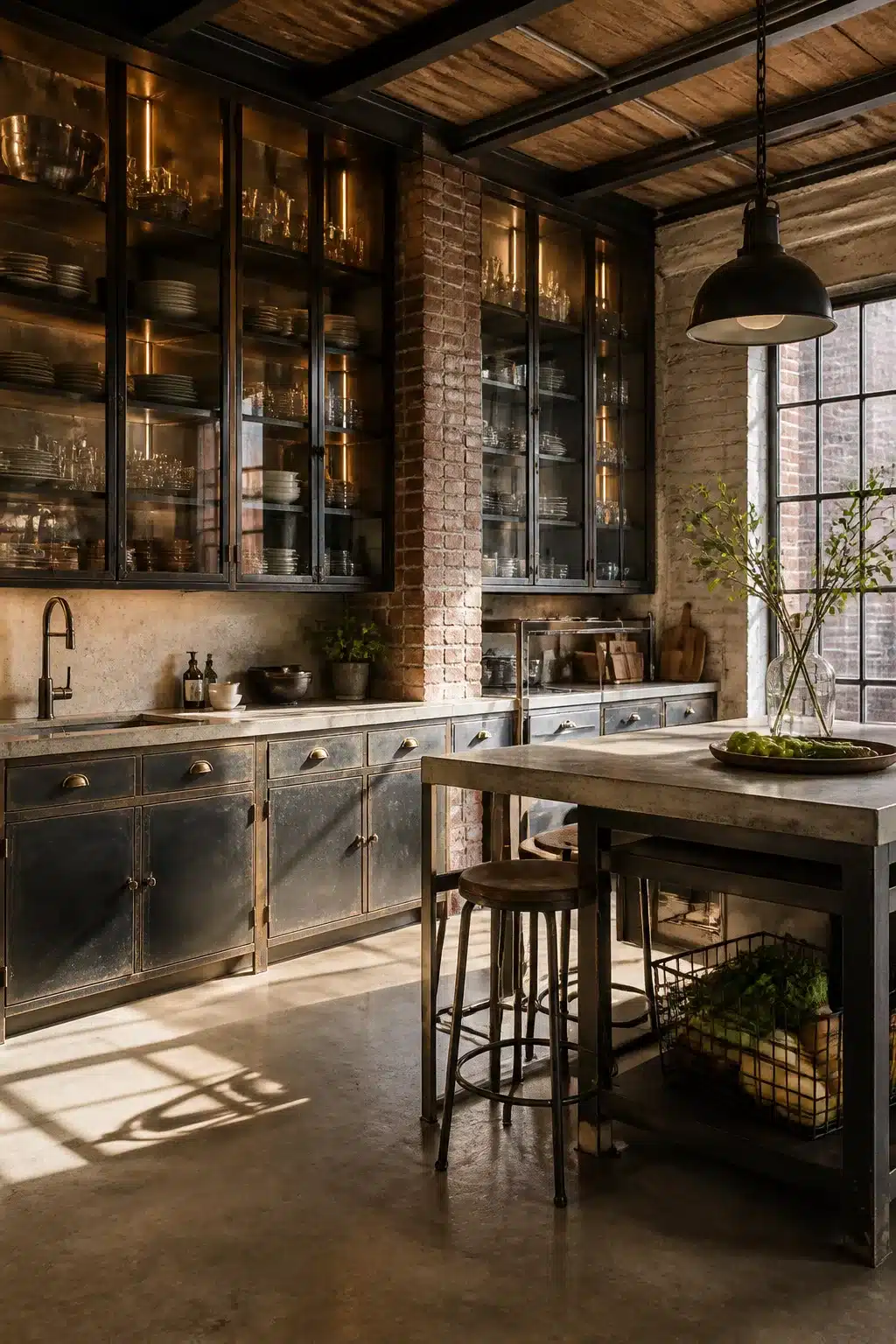 Ceiling-height raw steel and glass cabinets in a vintage industrial kitchen with brick walls and concrete floors