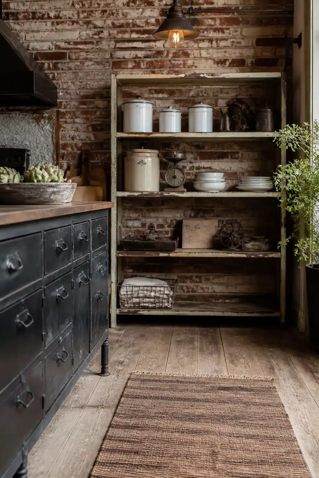 Vintage industrial kitchen with distressed painted shelving, enamel canisters, dark multi-drawer cabinet and wide-plank floors