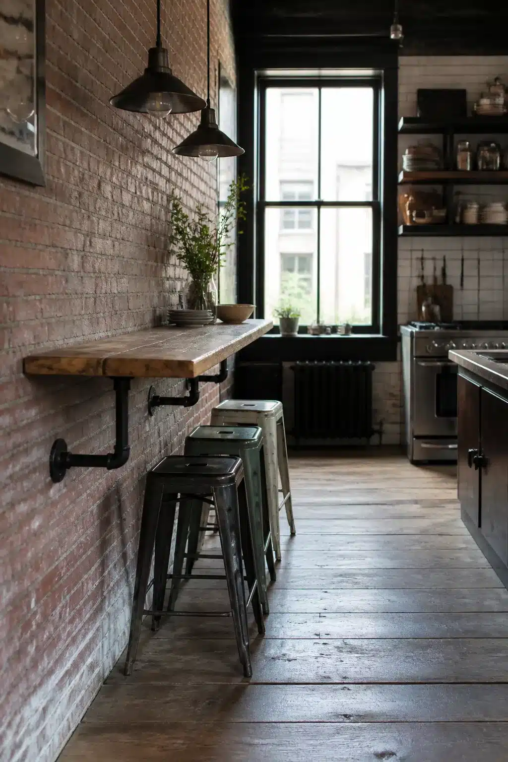 Wall-mounted reclaimed wood breakfast bar with black pipe brackets in a vintage industrial kitchen with metal stools