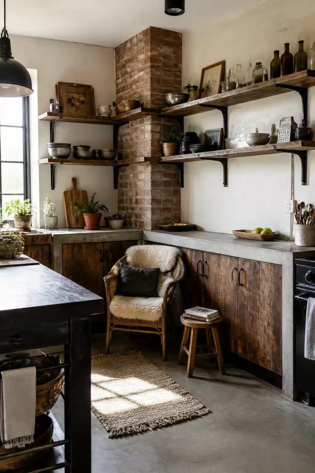 Wraparound reclaimed wood open shelving and concrete counters in a vintage industrial kitchen corner