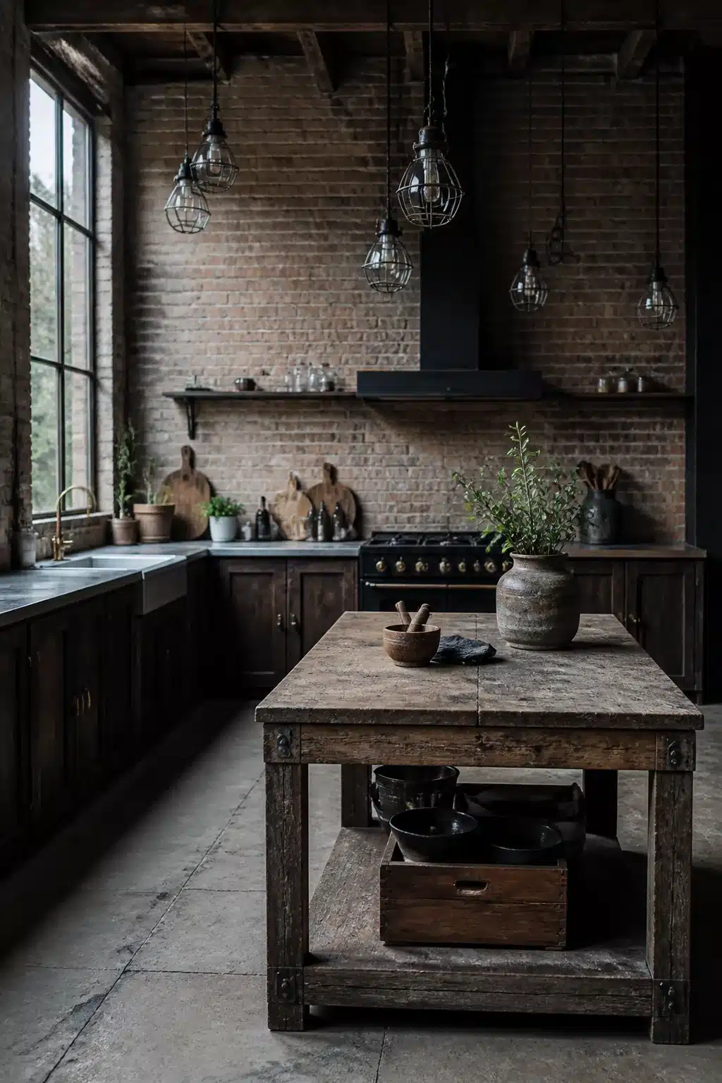 Vintage industrial kitchen with reclaimed wood worktable, wire cage pendants, exposed brick walls, and dark cabinetry