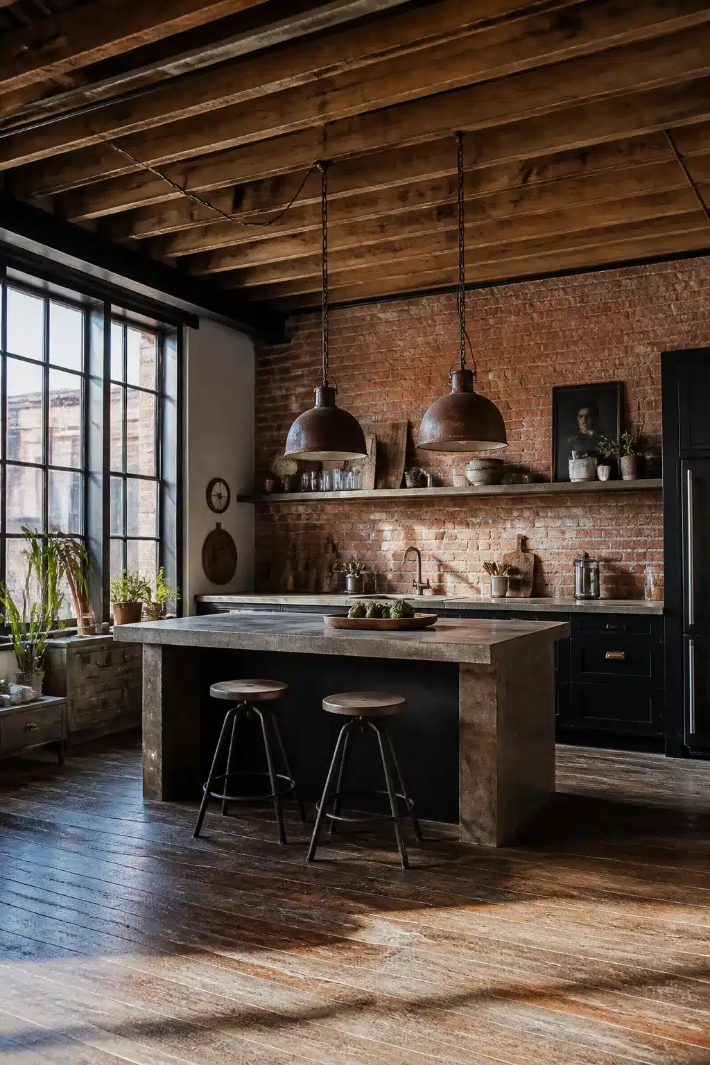Vintage industrial kitchen with exposed timber ceiling joists, rust dome pendants, brick wall, and concrete island.