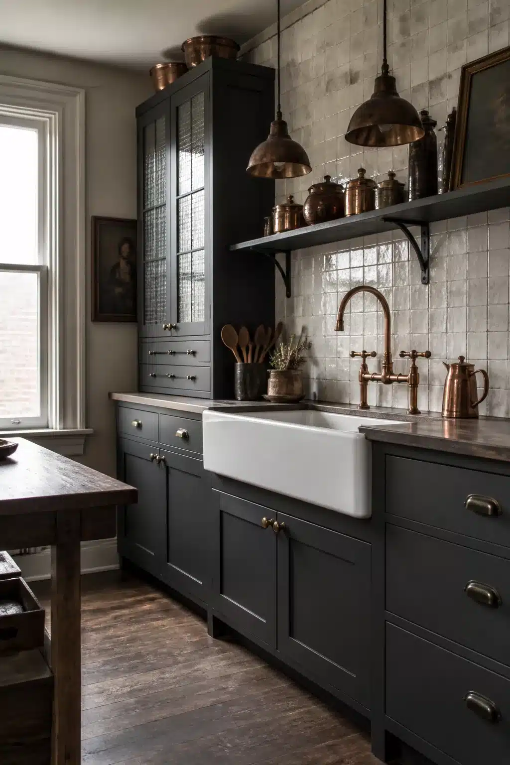 Gunmetal gray shaker cabinets with copper pendants and apron sink in a vintage industrial kitchen