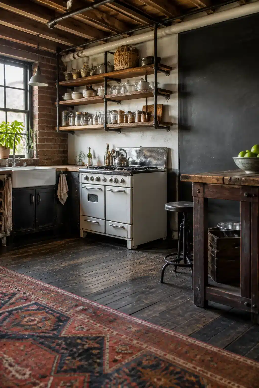 Vintage industrial kitchen with black pipe shelving, chalkboard wall, cream vintage range, and Persian rug on dark wood floors.