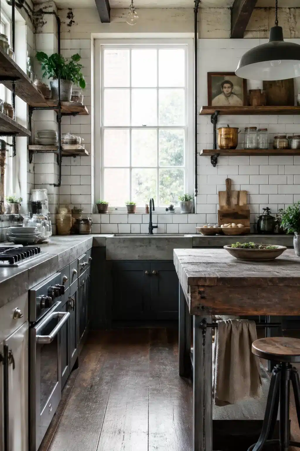 Vintage industrial kitchen with concrete countertops, white subway tile, open pipe shelving, and dark charcoal cabinets