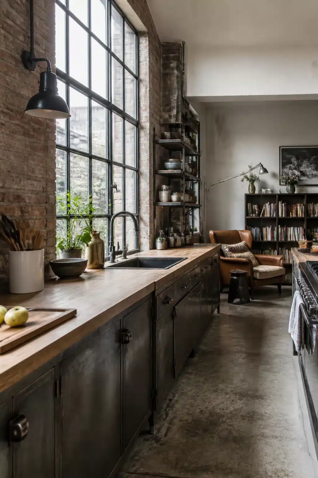 Vintage industrial kitchen with steel-frame factory windows, dark cabinetry, and butcher-block counters in a loft space