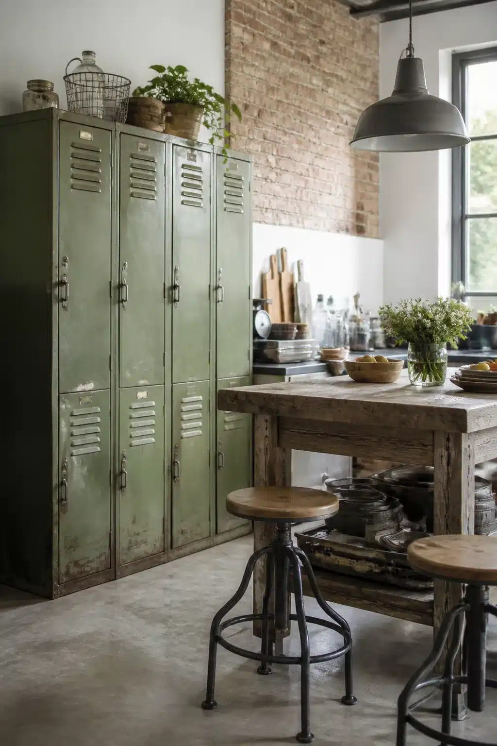 Vintage industrial kitchen with salvaged sage green school lockers as pantry storage, concrete floors, and reclaimed wood table