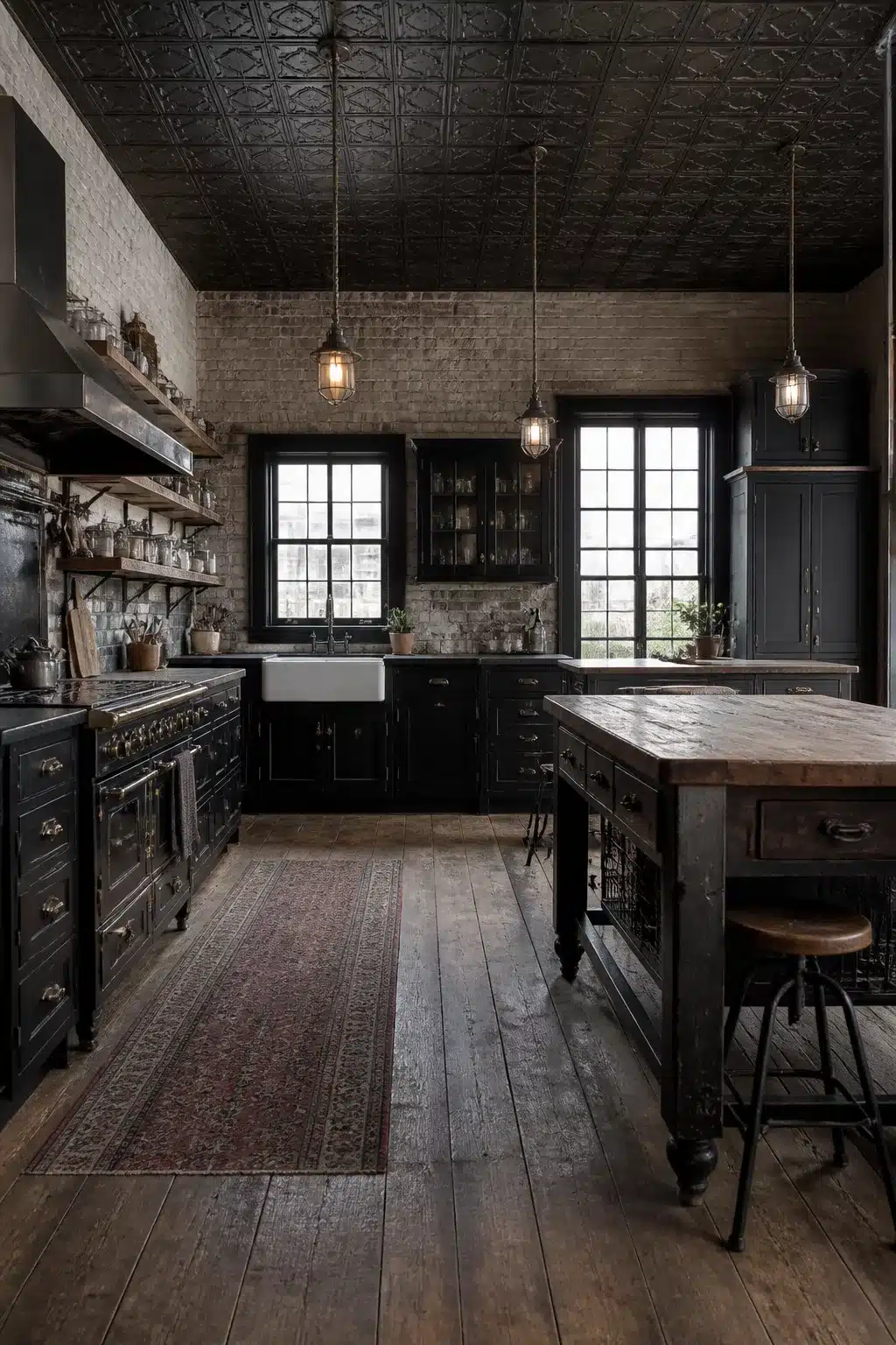 Dark vintage industrial kitchen with pressed tin ceiling, black cabinetry, cage pendant lights and reclaimed wood floors