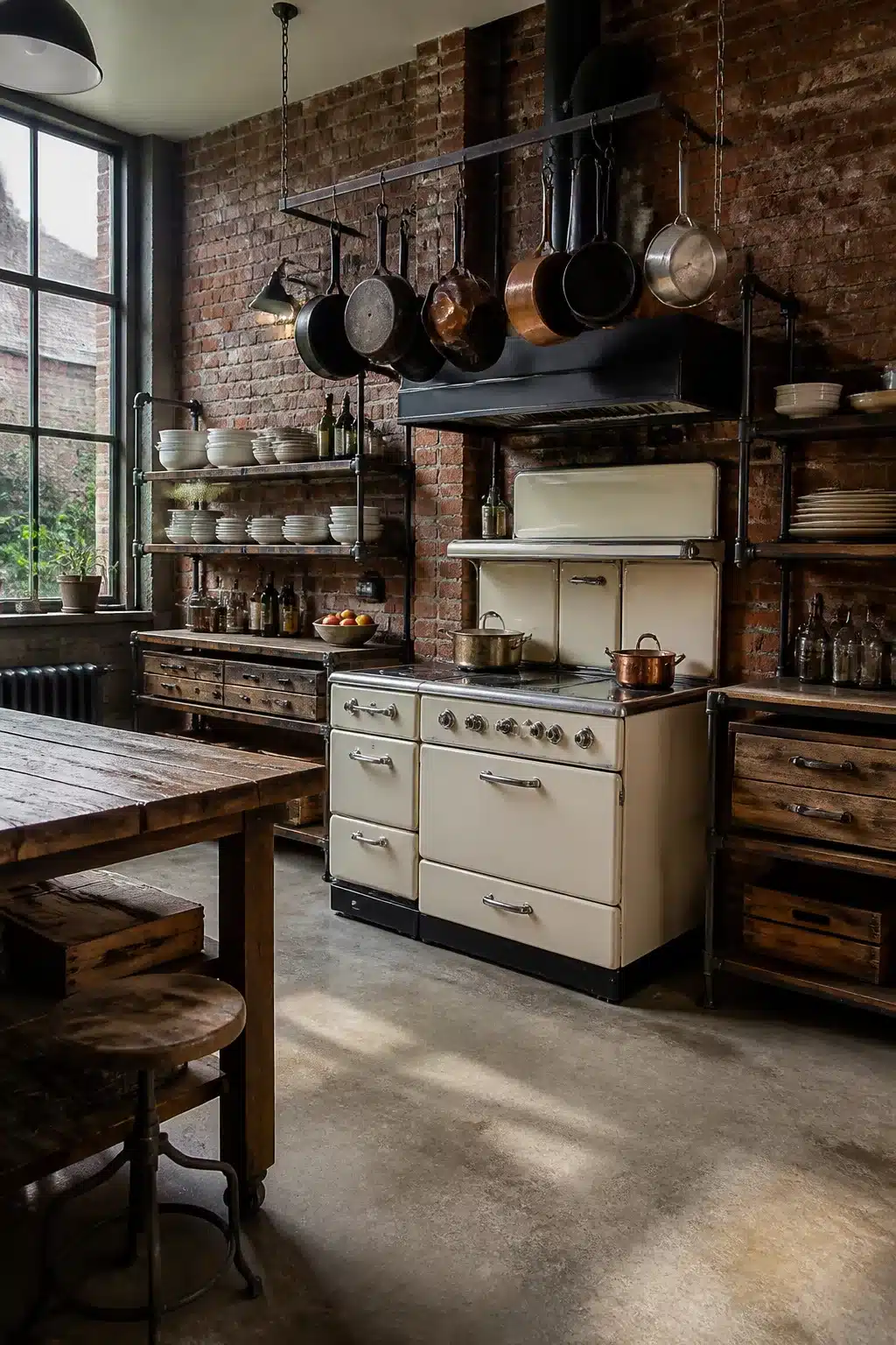 Cream freestanding vintage range with hanging pot rack in a vintage industrial kitchen with exposed brick and concrete floors