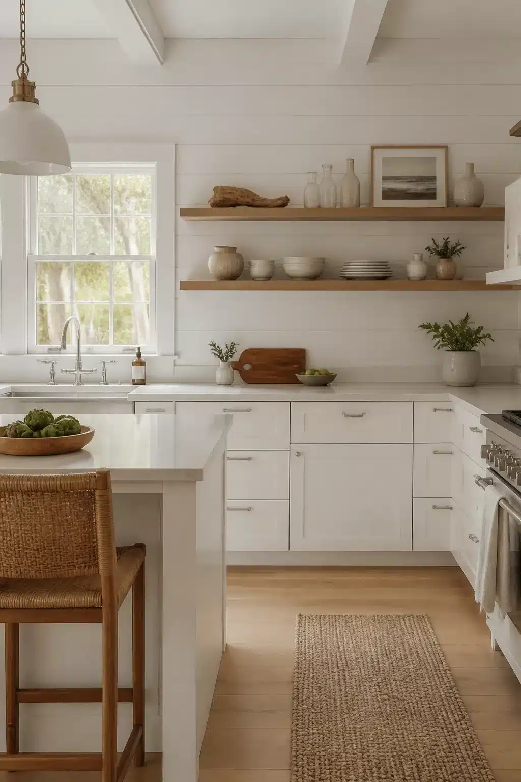 White coastal kitchen with shiplap walls, warm wood open shelves, and white shaker cabinets under natural light.