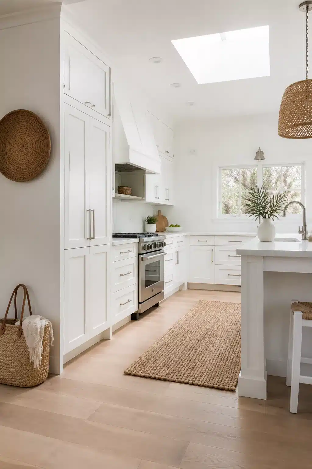 White coastal kitchen with ceiling-height shaker cabinets, skylight, jute rug, and woven rattan accents