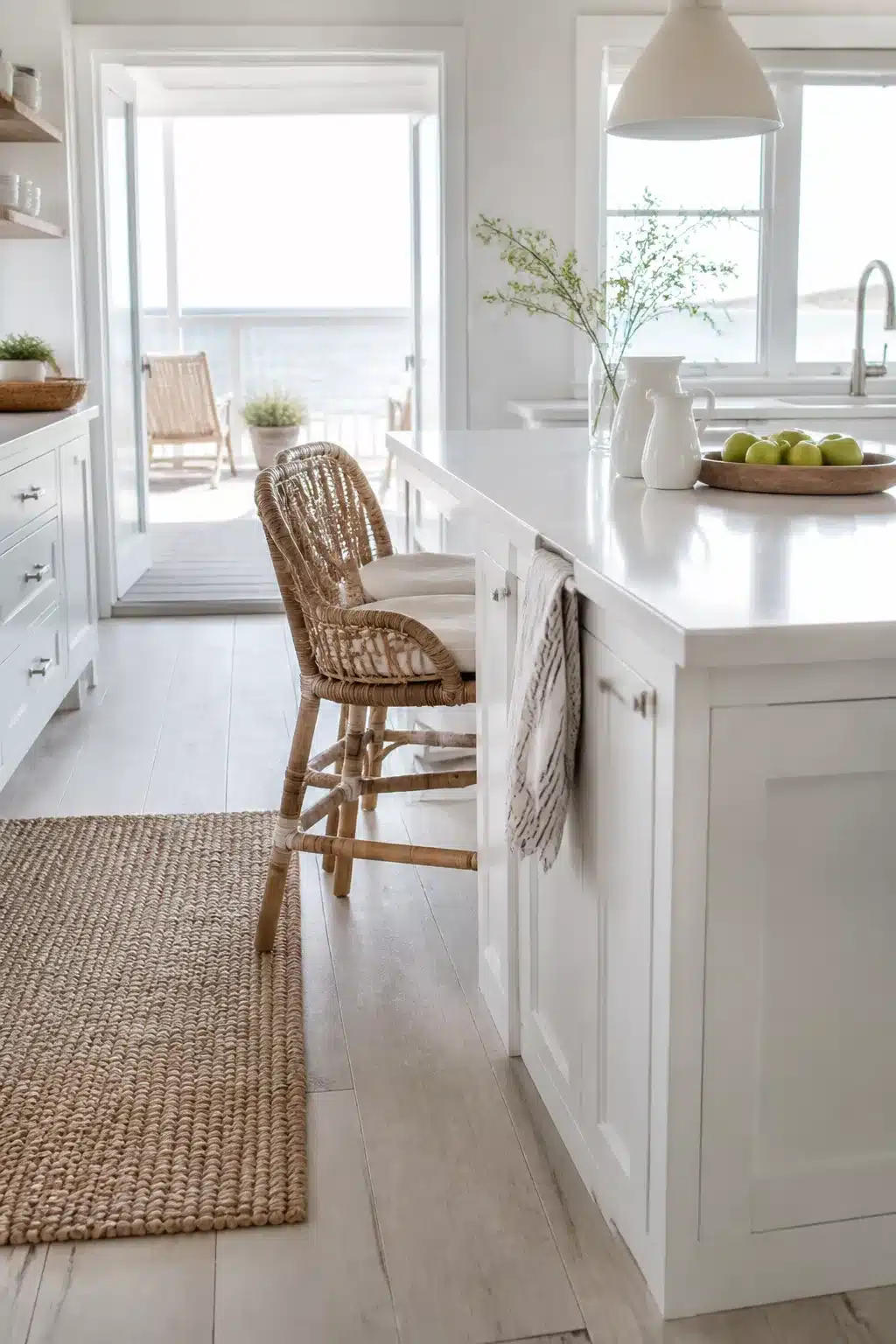 White coastal kitchen with sliding glass doors, rattan stools, jute rug, and ocean view beyond the island.