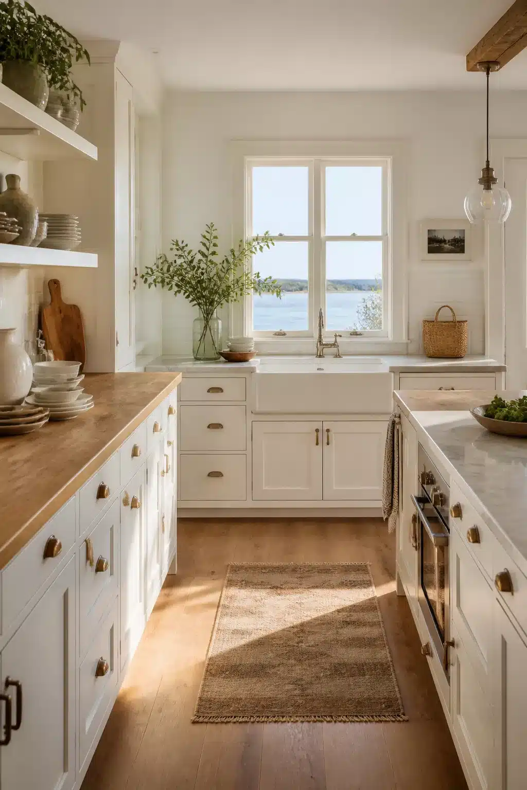 White coastal kitchen with butcher block counters, brass cup pulls, farmhouse sink, and water views through a bright window