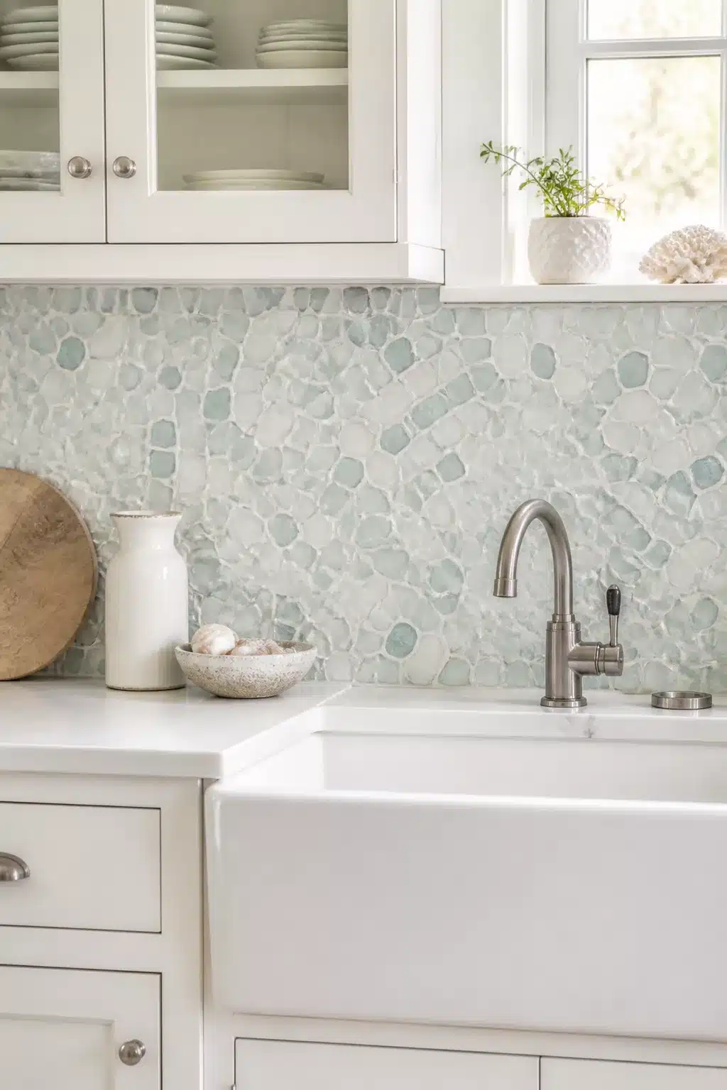 White coastal kitchen with sea glass mosaic tile backsplash, farmhouse sink, and white cabinets