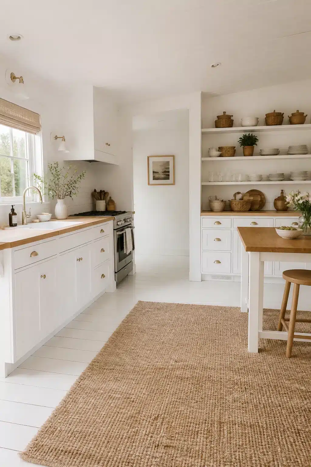 White coastal kitchen with jute rug, brass knob hardware, and open shelving styled with woven baskets