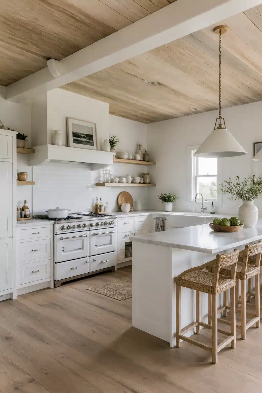 White coastal kitchen with reclaimed timber ceiling, vintage white range, and open shelving — warm and airy design