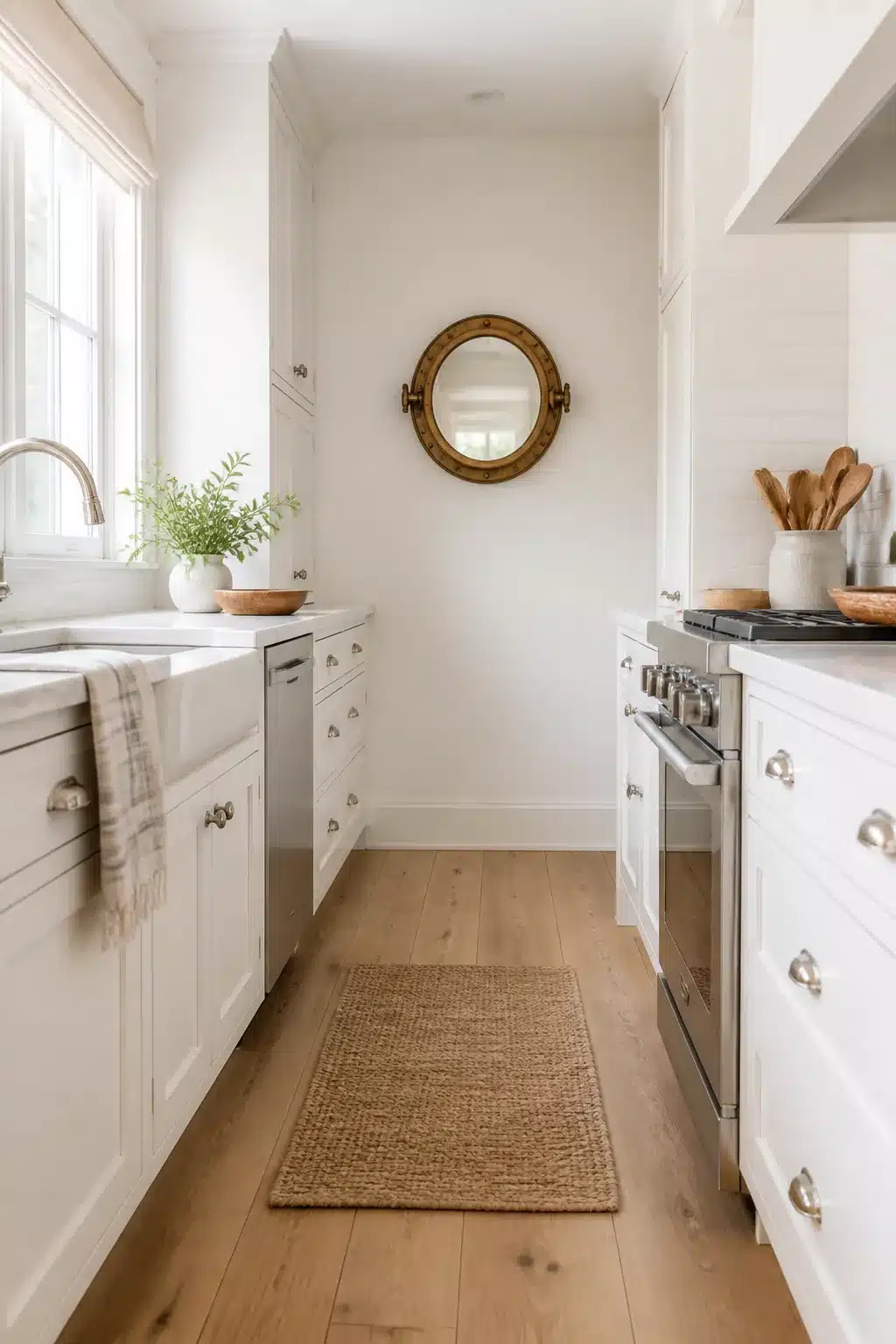 White coastal kitchen with galley layout, porthole mirror, farmhouse sink, and jute runner on oak floors.
