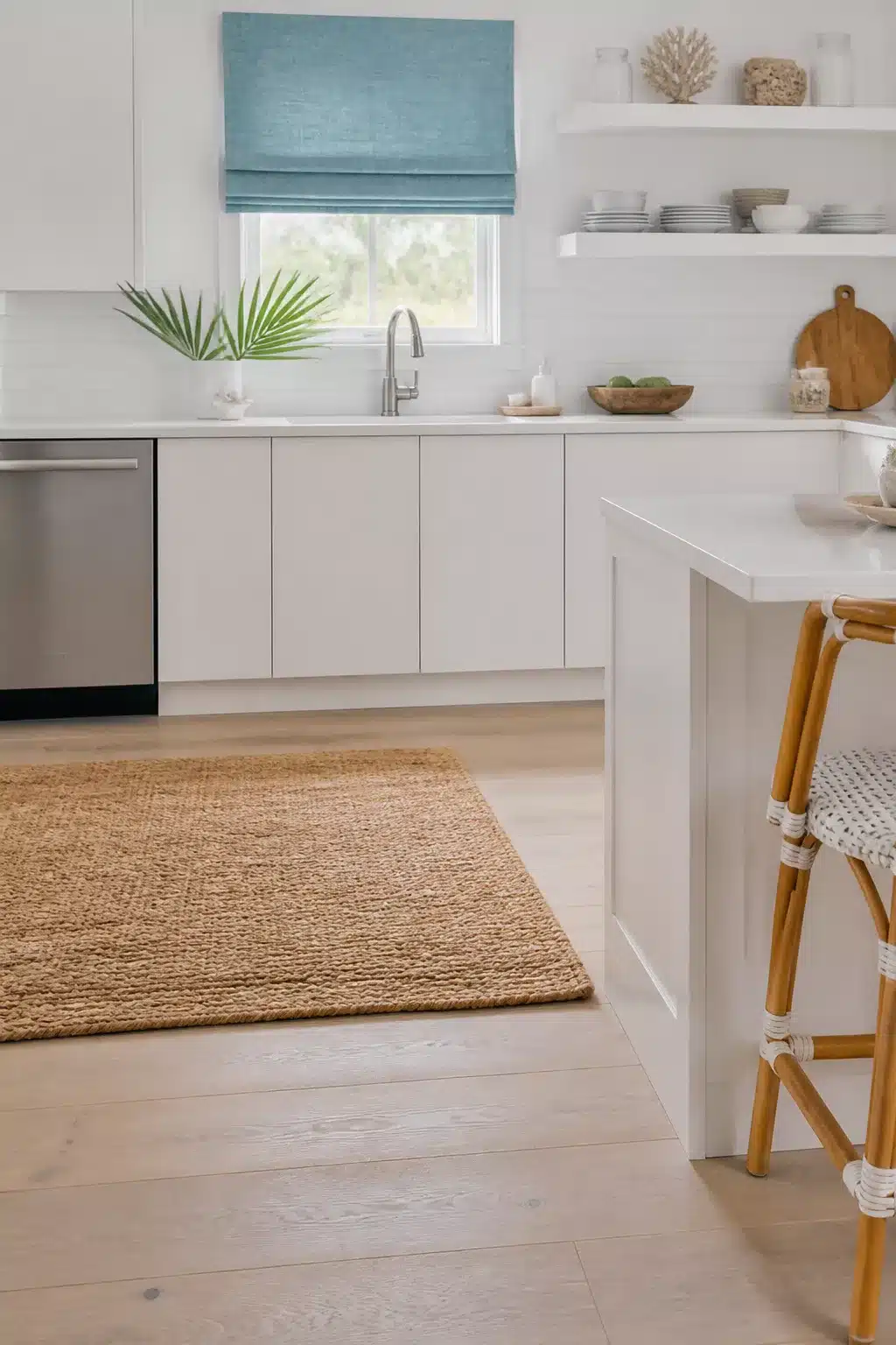White coastal kitchen with aqua Roman shade, rattan barstools, jute rug, and white flat-front cabinets