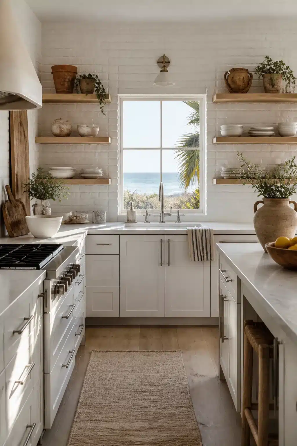 White coastal kitchen with painted brick walls, wood open shelves, and an ocean view window above the sink.
