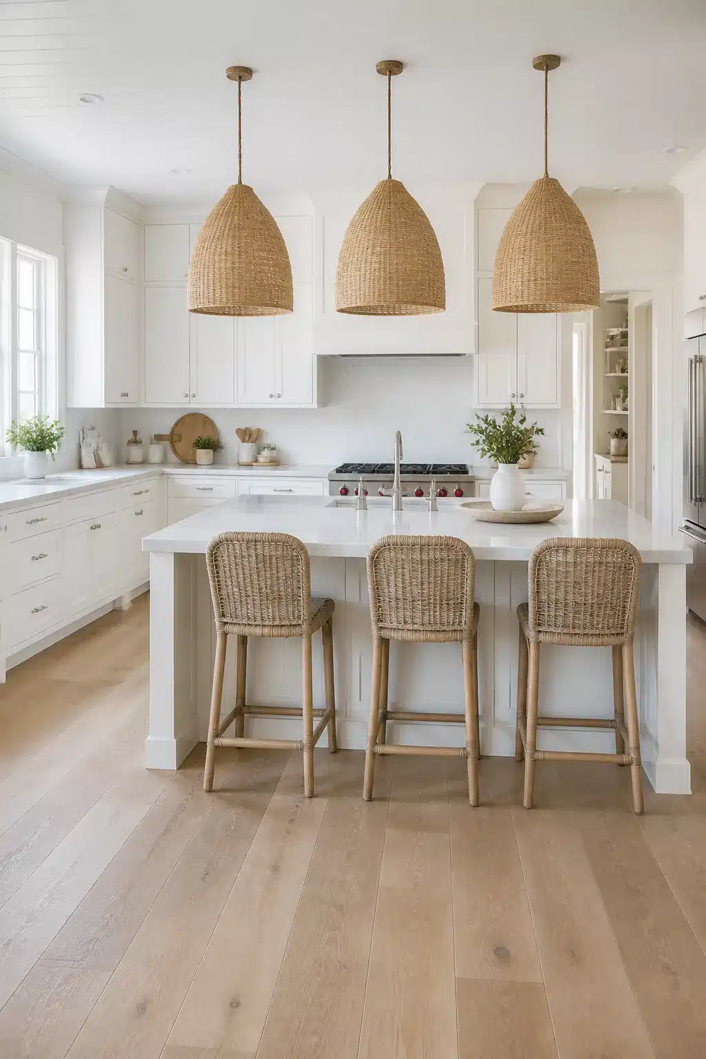 White coastal kitchen with three woven rattan pendants over a white island and matching rattan barstools