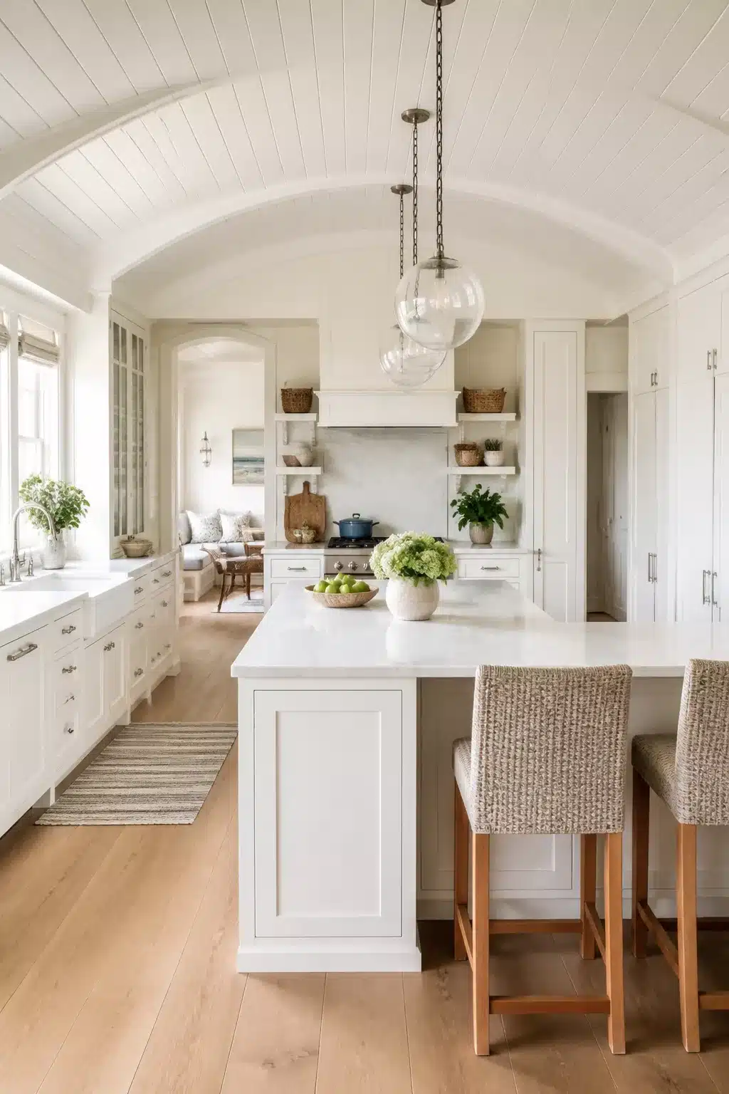 White coastal kitchen with barrel-vault planked ceiling, globe glass pendants, and large white island — airy and bright.