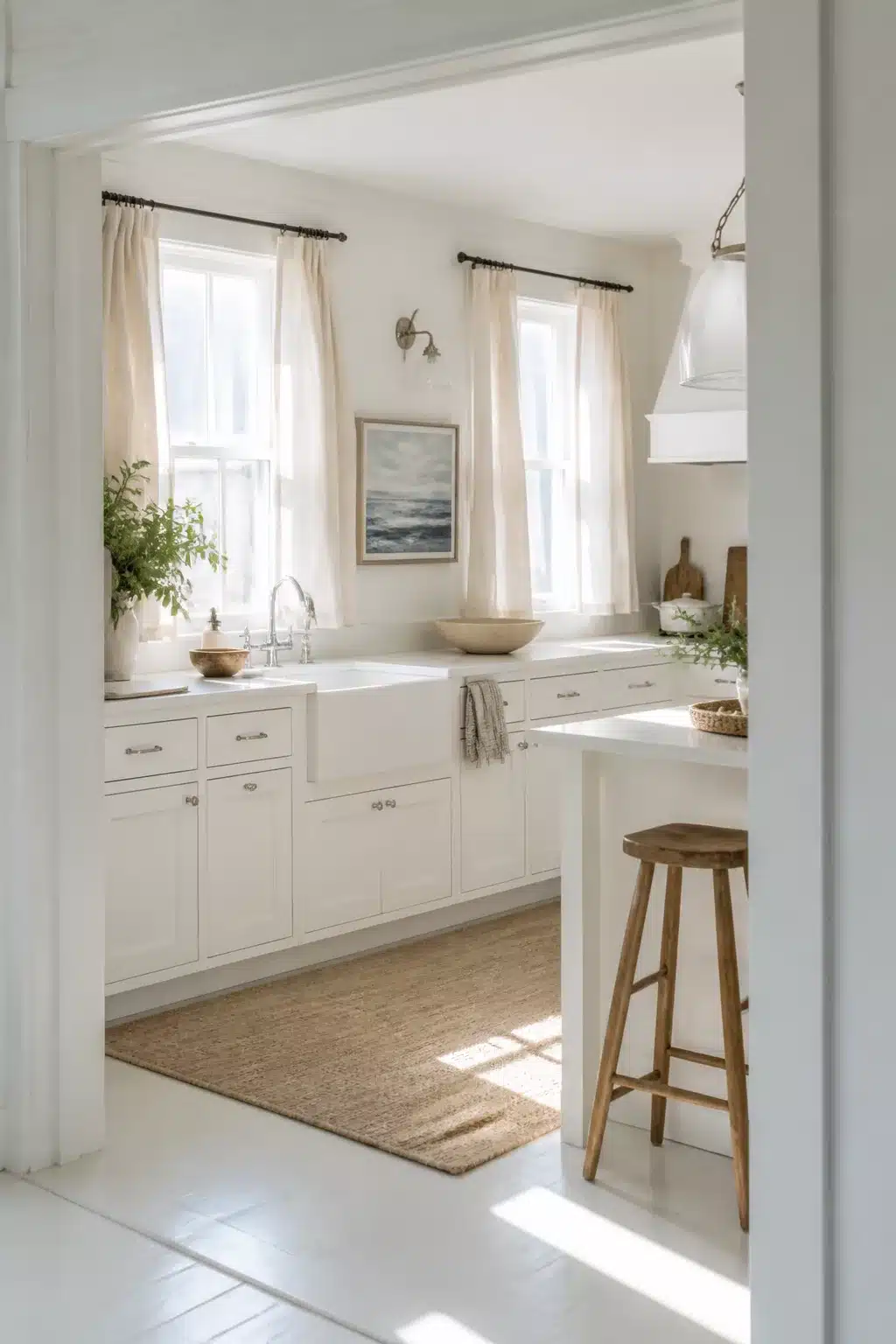 Bright white coastal kitchen with linen curtain panels, farmhouse sink, and jute rug — white coastal kitchens idea