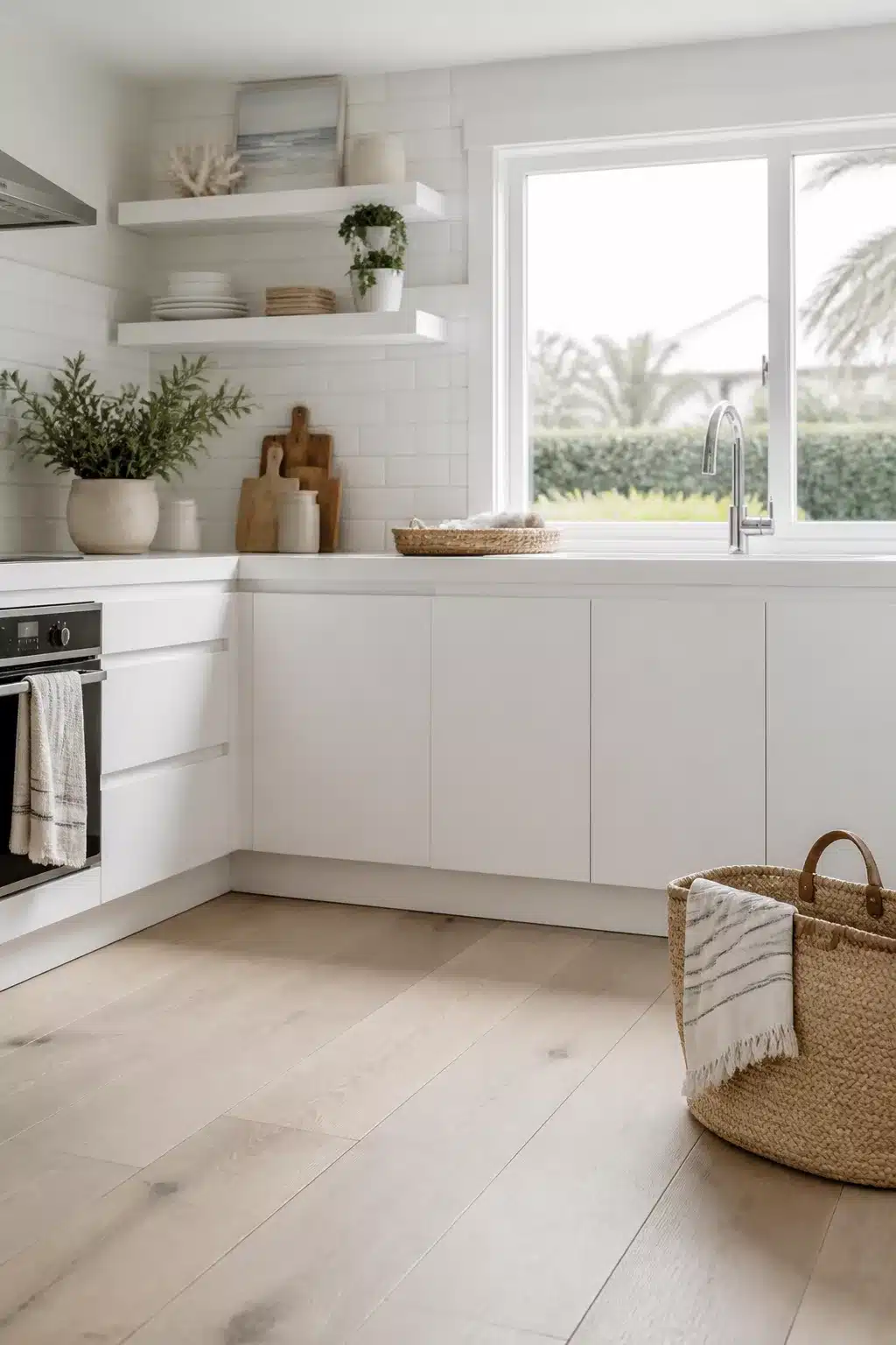 White coastal kitchen with bleached oak floors, handleless white cabinets, and open shelving styled with natural textures.