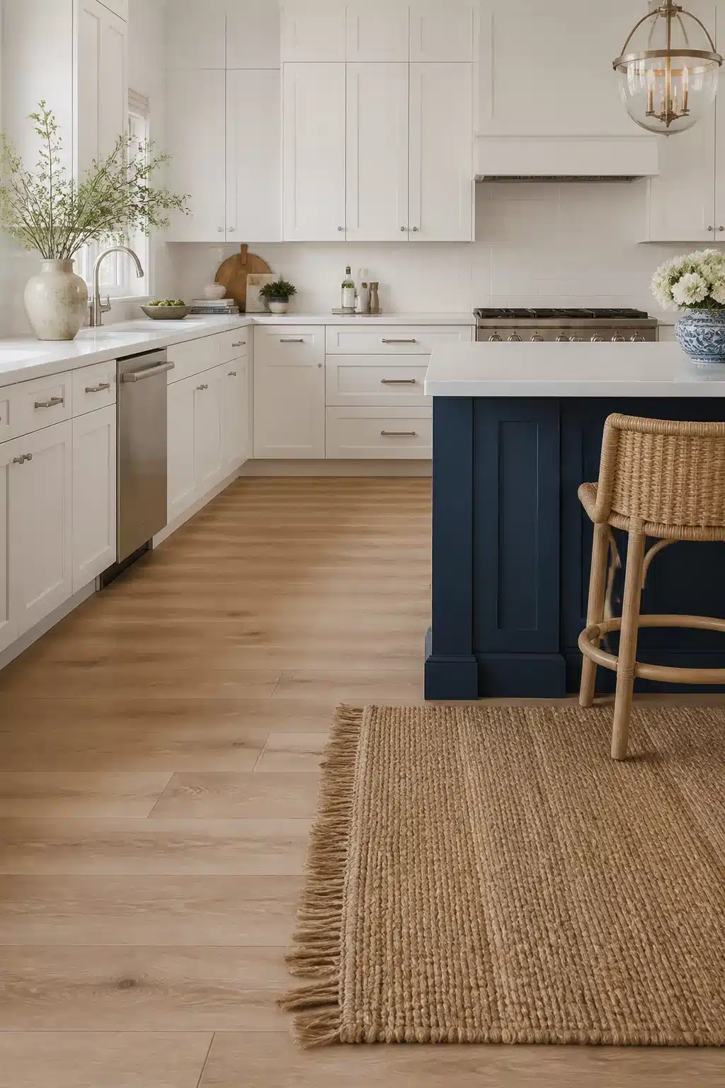 Navy blue island with brass hardware in a white coastal kitchen with jute rug and wicker barstool