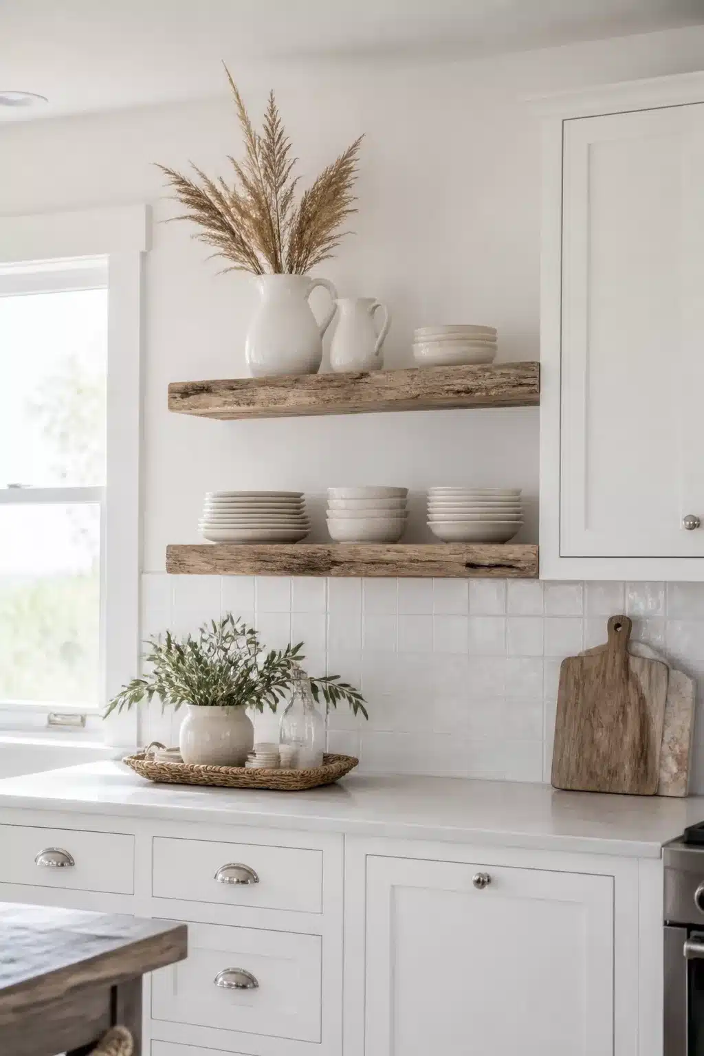 White coastal kitchen with weathered driftwood floating shelves, cream ceramics, and pampas grass styling.
