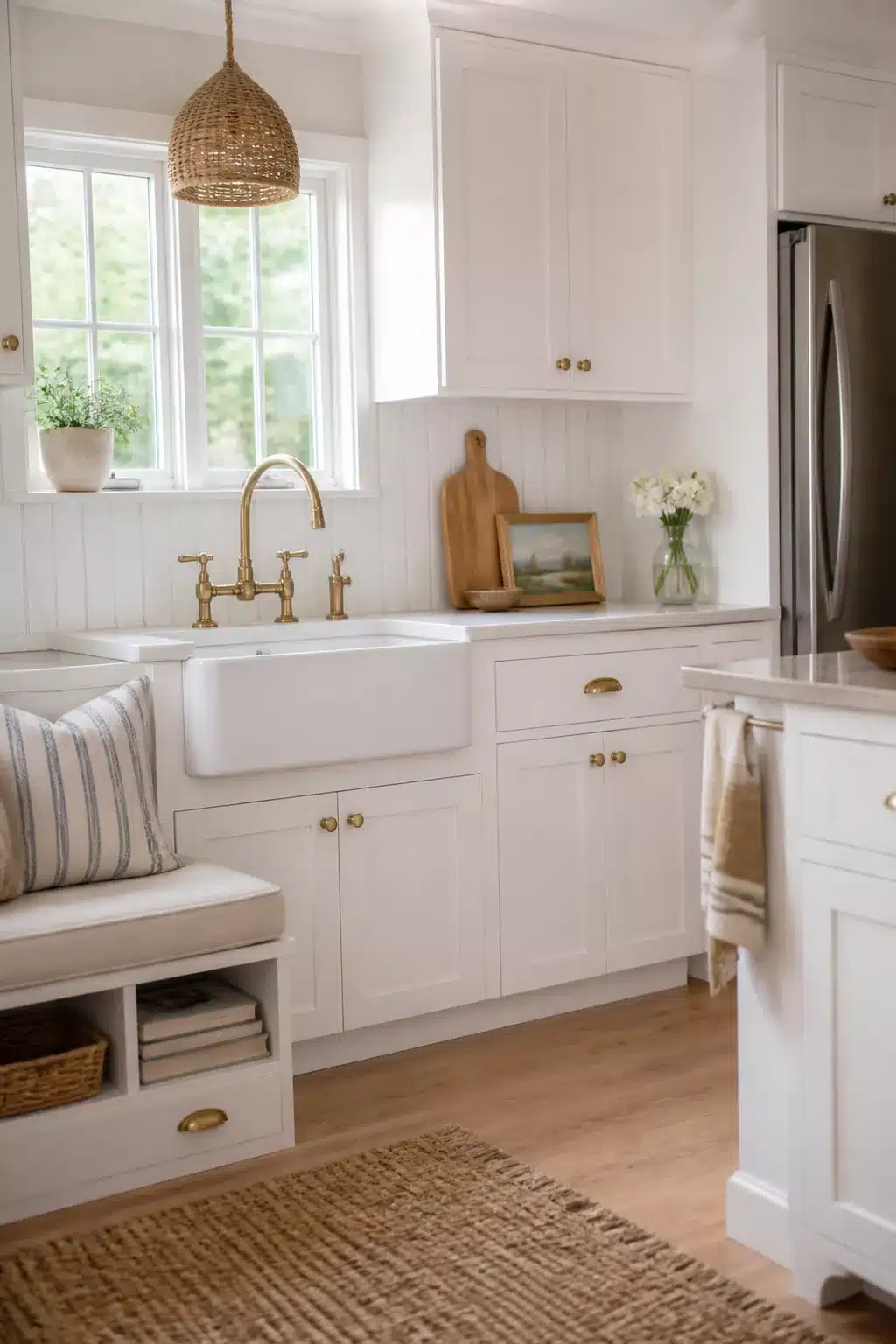 White coastal kitchen with beadboard backsplash, farmhouse sink, brass bridge faucet, and shaker cabinets
