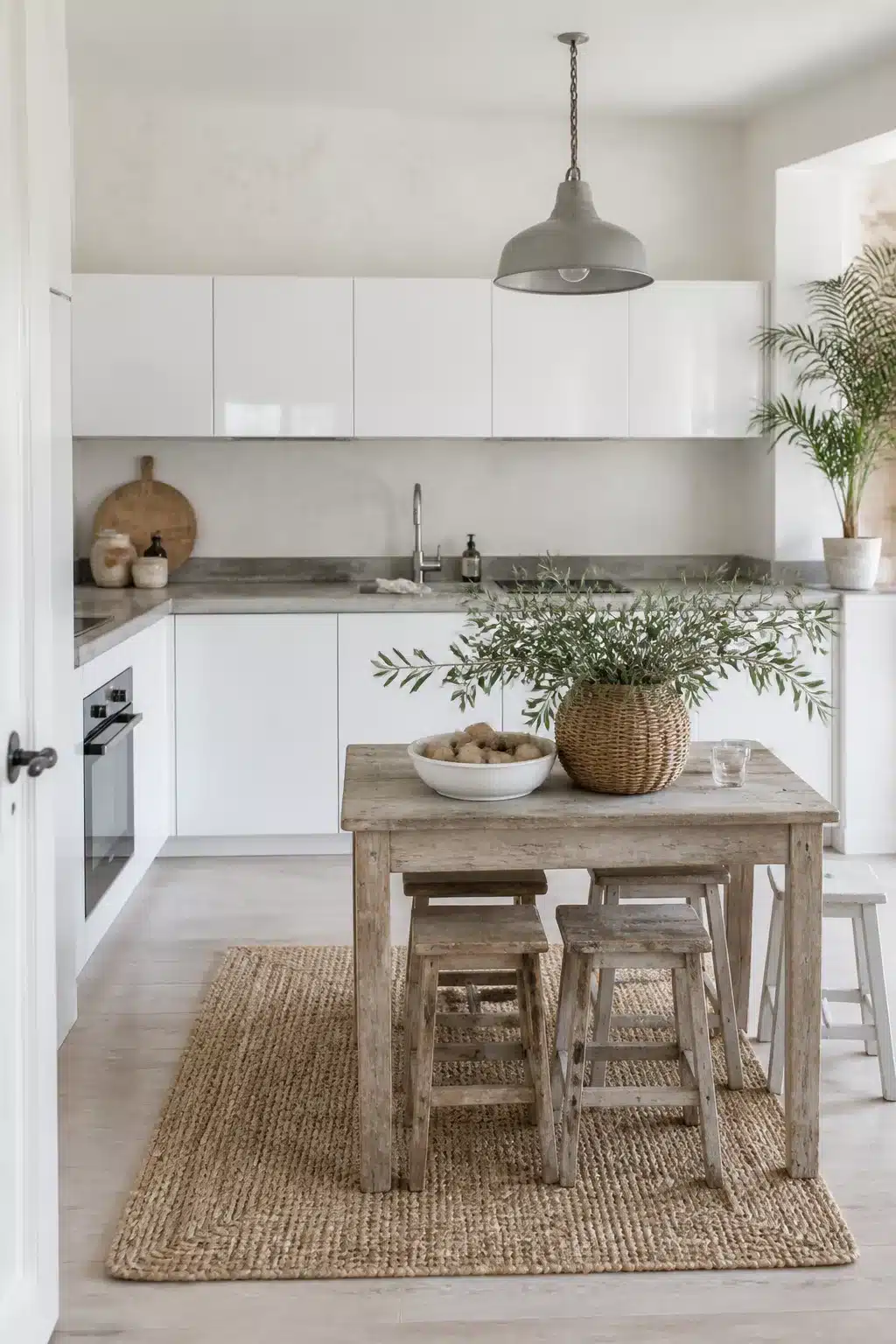 White coastal kitchen with concrete countertops, white gloss cabinets, and a raw wood dining table on a jute rug