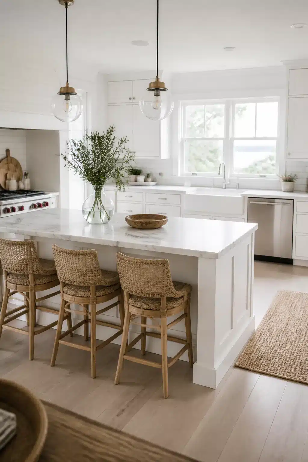 Wicker barstools at a white marble kitchen island in a bright white coastal kitchen with brass pendants.