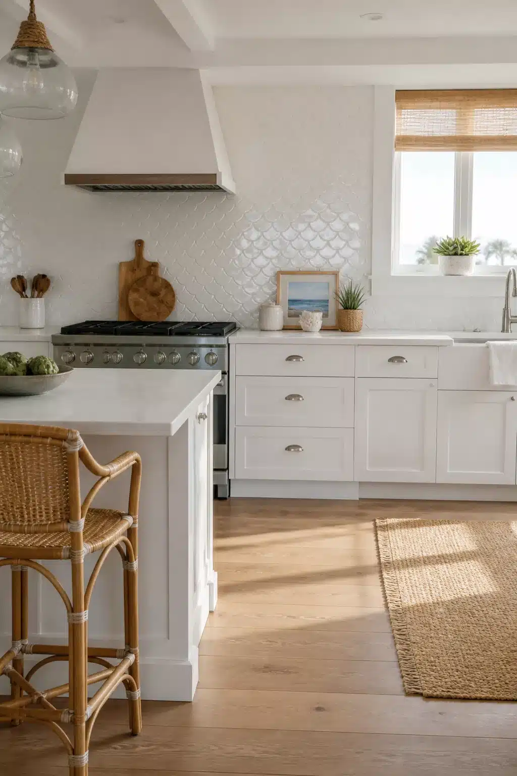 White coastal kitchen with scallop tile backsplash, custom wood range hood, rattan stool, and jute rug