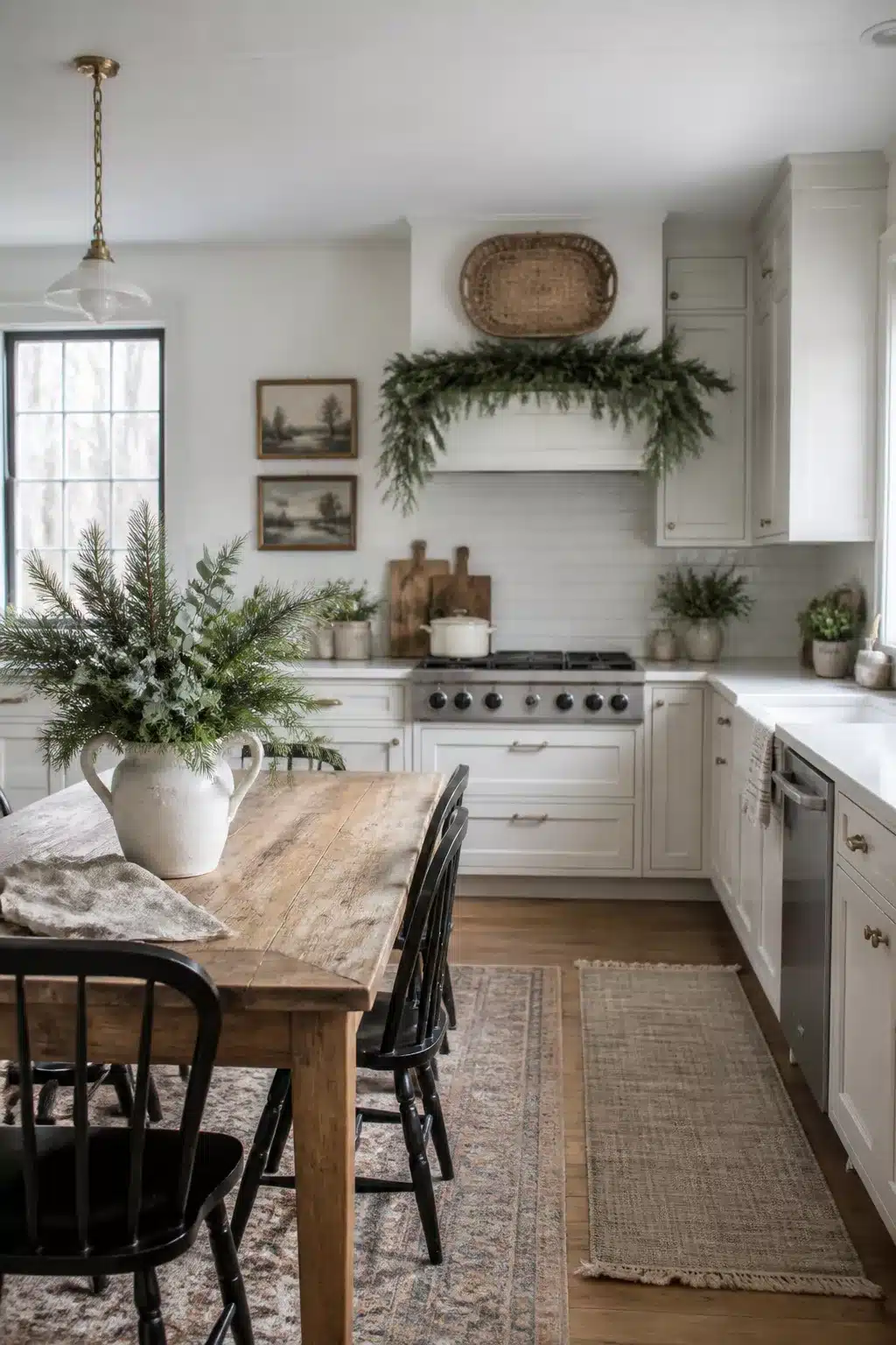 Fresh evergreen branches in white pitcher on wood table — winter kitchen decor ideas with range hood garland