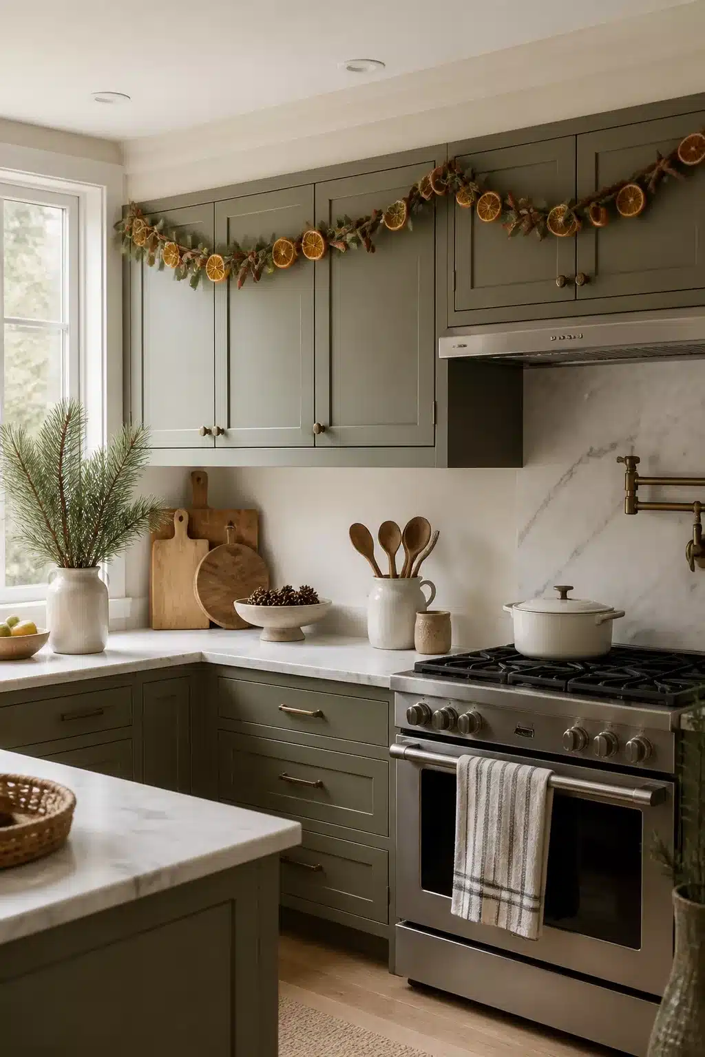 Dried citrus garland on sage green cabinets — winter kitchen decor ideas with natural seasonal styling