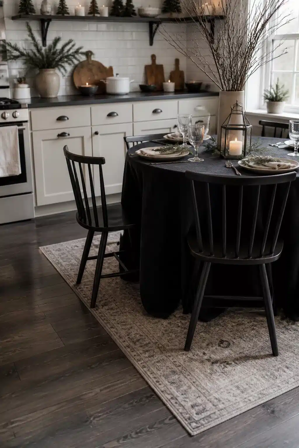 Black linen tablecloth with winter branch centerpiece and candles — moody Winter Kitchen Decor Ideas